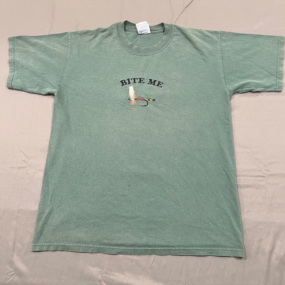 Vintage Gildan Bite Me Fly Fishing T-Shirt Large Sage Green Embroidered Tee